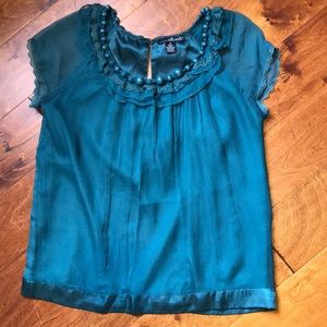 Teal silk short sleeve blouse